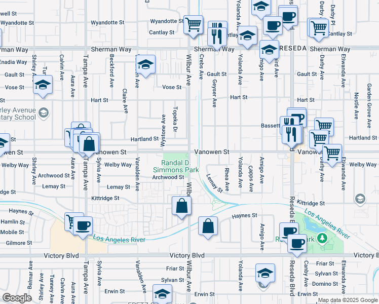 map of restaurants, bars, coffee shops, grocery stores, and more near Vanowen St & Wilbur Ave in Los Angeles