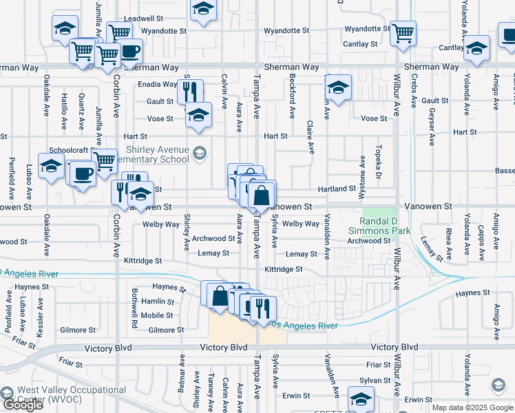 map of restaurants, bars, coffee shops, grocery stores, and more near Vanowen St & Tampa Ave in Los Angeles