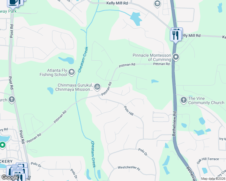 map of restaurants, bars, coffee shops, grocery stores, and more near 4925 Arcanum Place in Cumming