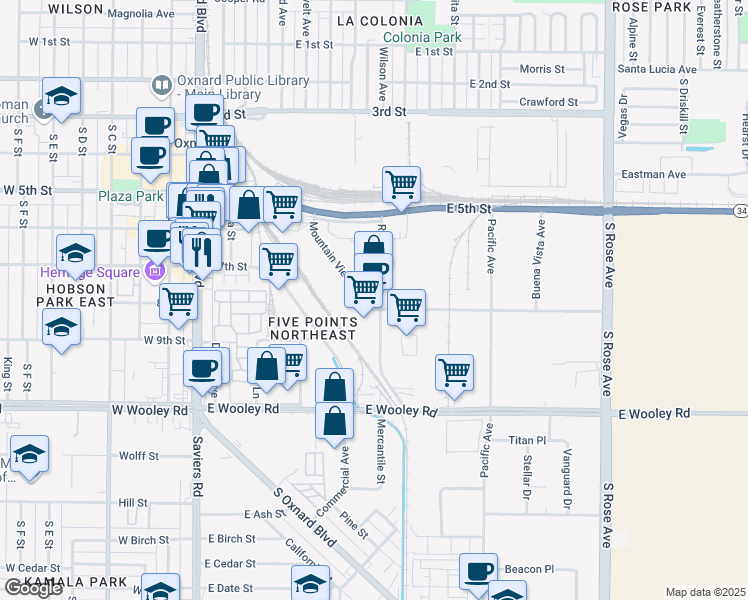 map of restaurants, bars, coffee shops, grocery stores, and more near 740 Mountain View Avenue in Oxnard