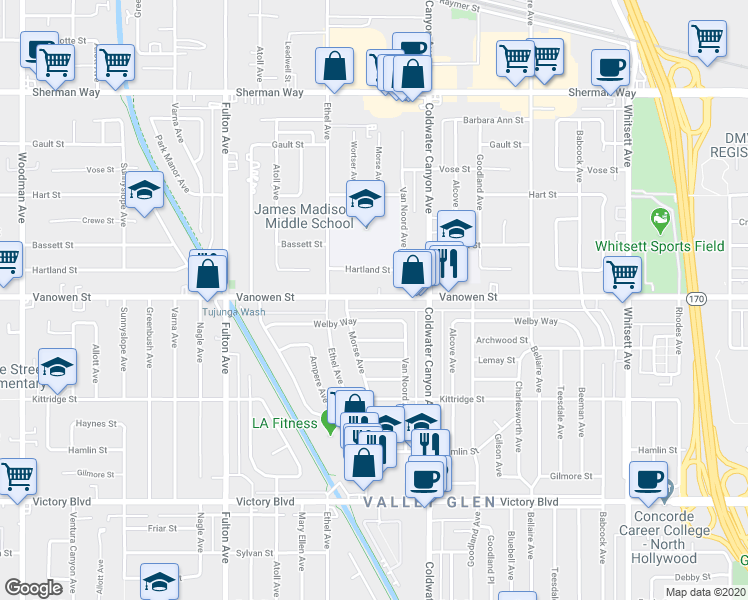 map of restaurants, bars, coffee shops, grocery stores, and more near 13002 1/2 Vanowen Street in Los Angeles