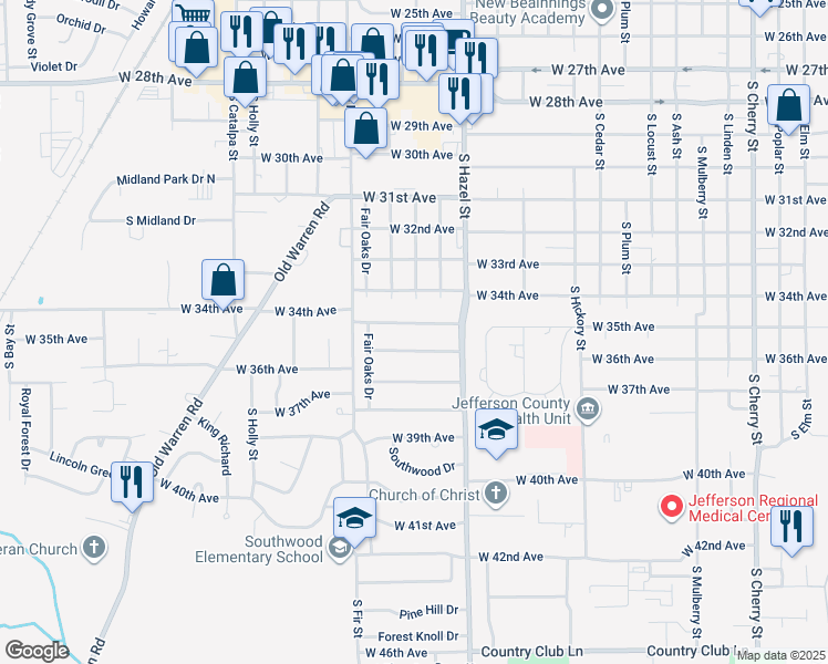 map of restaurants, bars, coffee shops, grocery stores, and more near 2214 West 35th Avenue in Pine Bluff