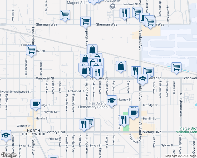 map of restaurants, bars, coffee shops, grocery stores, and more near 11308 Vanowen Street in Los Angeles