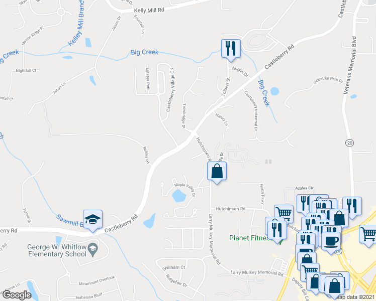 map of restaurants, bars, coffee shops, grocery stores, and more near 3243 Castleberry Road in Cumming