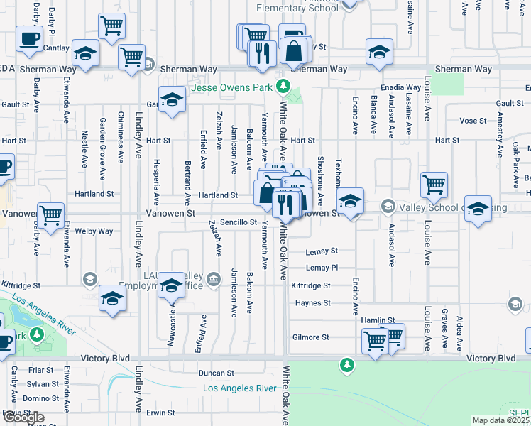 map of restaurants, bars, coffee shops, grocery stores, and more near Vanowen Street & Yarmouth Avenue in Los Angeles
