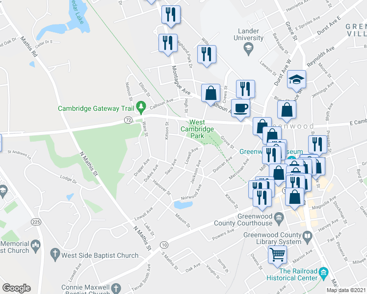 map of restaurants, bars, coffee shops, grocery stores, and more near 219 Saco Avenue in Greenwood