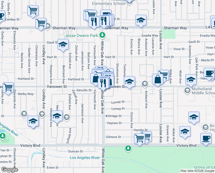 map of restaurants, bars, coffee shops, grocery stores, and more near 17654 Vanowen Street in Los Angeles
