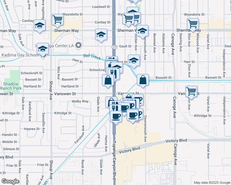 map of restaurants, bars, coffee shops, grocery stores, and more near 6800 Topanga Canyon Boulevard in Los Angeles