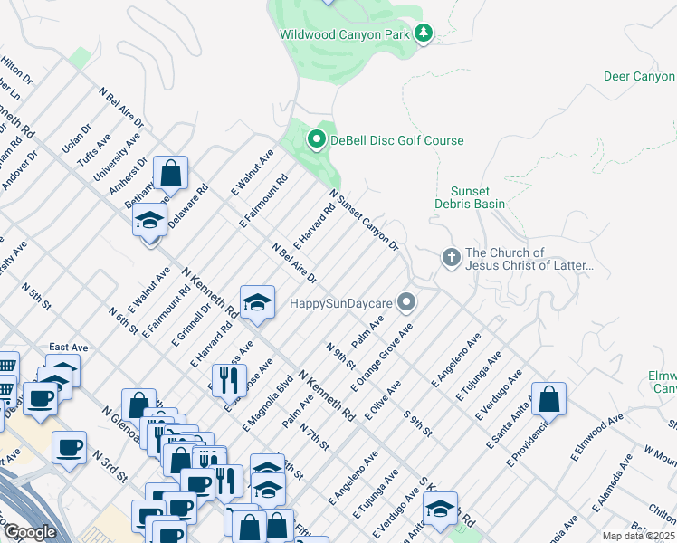 map of restaurants, bars, coffee shops, grocery stores, and more near 1025 East San Jose Avenue in Burbank