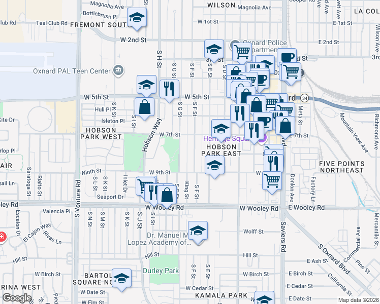 map of restaurants, bars, coffee shops, grocery stores, and more near 777 South F Street in Oxnard