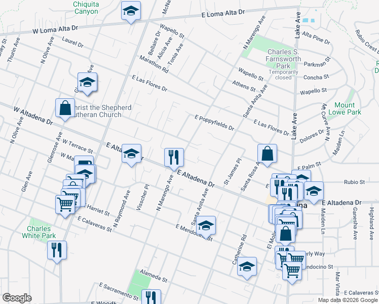 map of restaurants, bars, coffee shops, grocery stores, and more near 2868 Marengo Avenue in Altadena