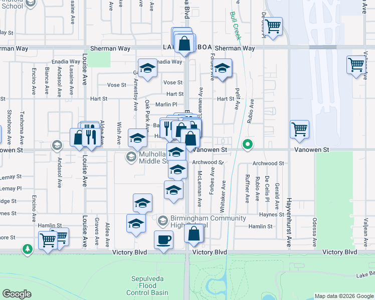 map of restaurants, bars, coffee shops, grocery stores, and more near Vanowen Street & Balboa Boulevard in Los Angeles