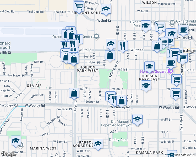 map of restaurants, bars, coffee shops, grocery stores, and more near 807 Kingfisher Way in Oxnard