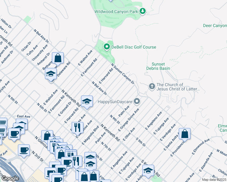 map of restaurants, bars, coffee shops, grocery stores, and more near 1025 East San Jose Avenue in Burbank
