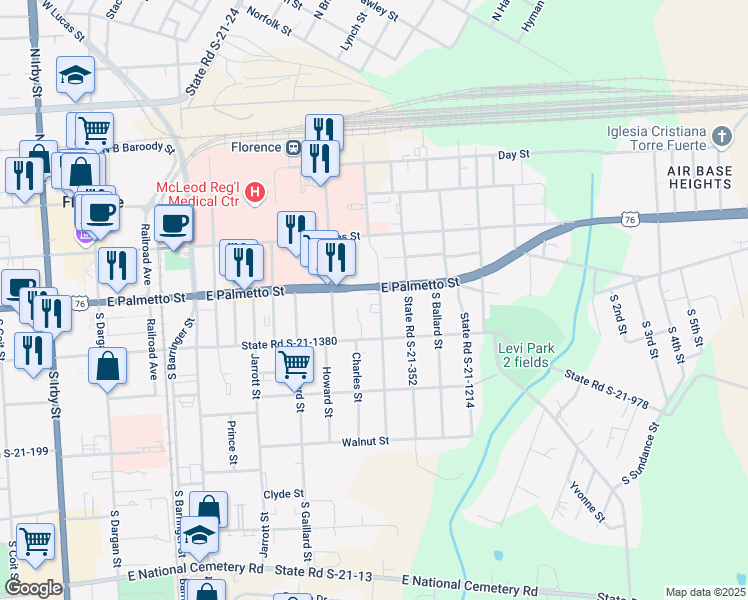 map of restaurants, bars, coffee shops, grocery stores, and more near 305 Johns Street in Florence