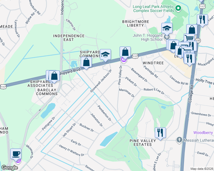 map of restaurants, bars, coffee shops, grocery stores, and more near 143 Stonewall Jackson Drive in Wilmington