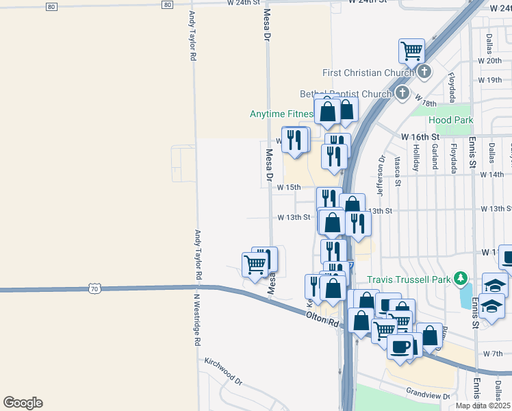 map of restaurants, bars, coffee shops, grocery stores, and more near 1301 Mesa Drive in Plainview