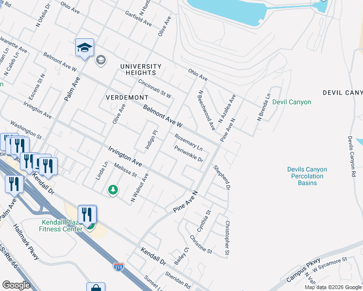 map of restaurants, bars, coffee shops, grocery stores, and more near 6228 Robin Lane in San Bernardino