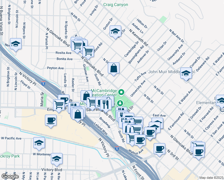 map of restaurants, bars, coffee shops, grocery stores, and more near 333 Andover Drive in Burbank