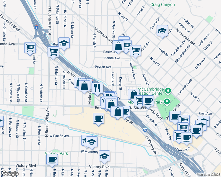 map of restaurants, bars, coffee shops, grocery stores, and more near 1719 Landis Street in Burbank