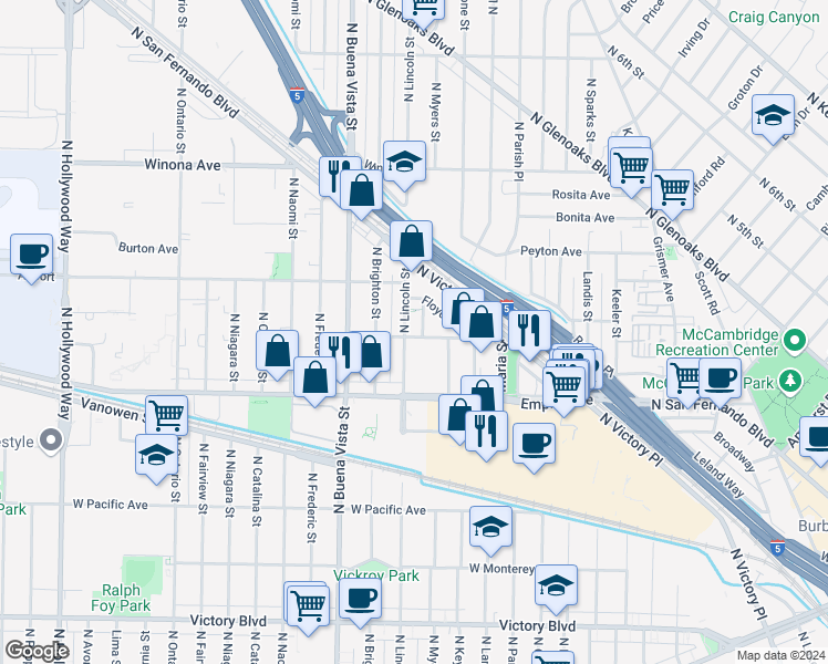 map of restaurants, bars, coffee shops, grocery stores, and more near 4 Jannetta Avenue in Burbank