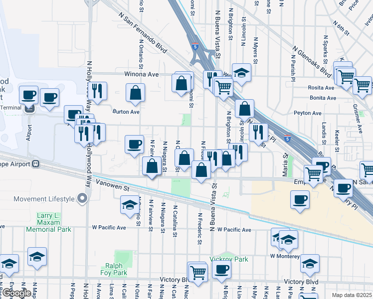 map of restaurants, bars, coffee shops, grocery stores, and more near 2304 North Catalina Street in Burbank