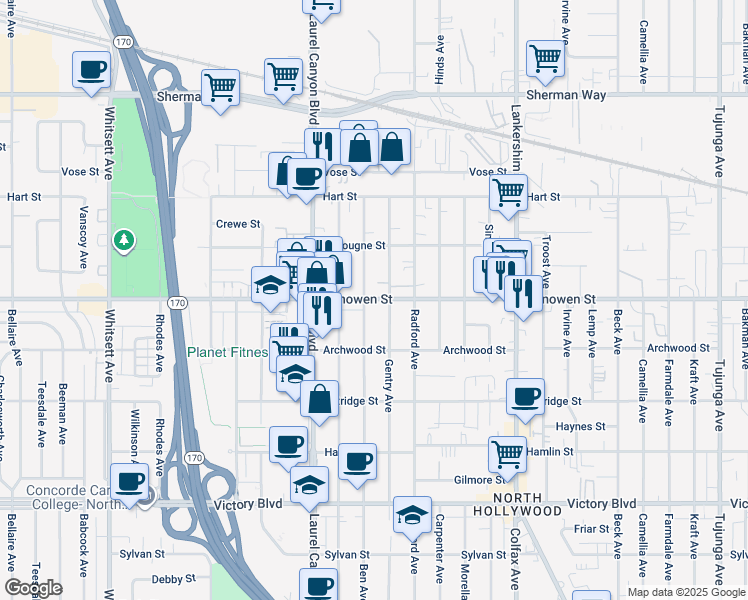 map of restaurants, bars, coffee shops, grocery stores, and more near 11943 Vanowen Street in Los Angeles