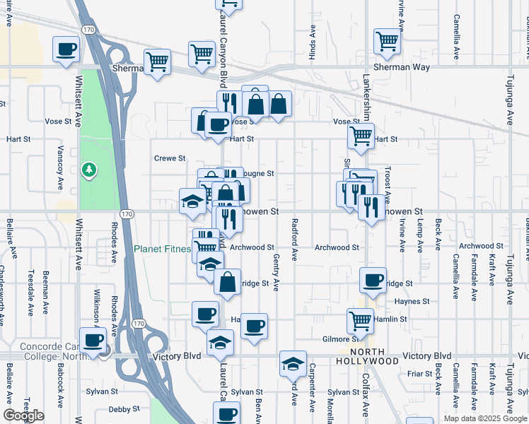 map of restaurants, bars, coffee shops, grocery stores, and more near 11943 Vanowen Street in Los Angeles