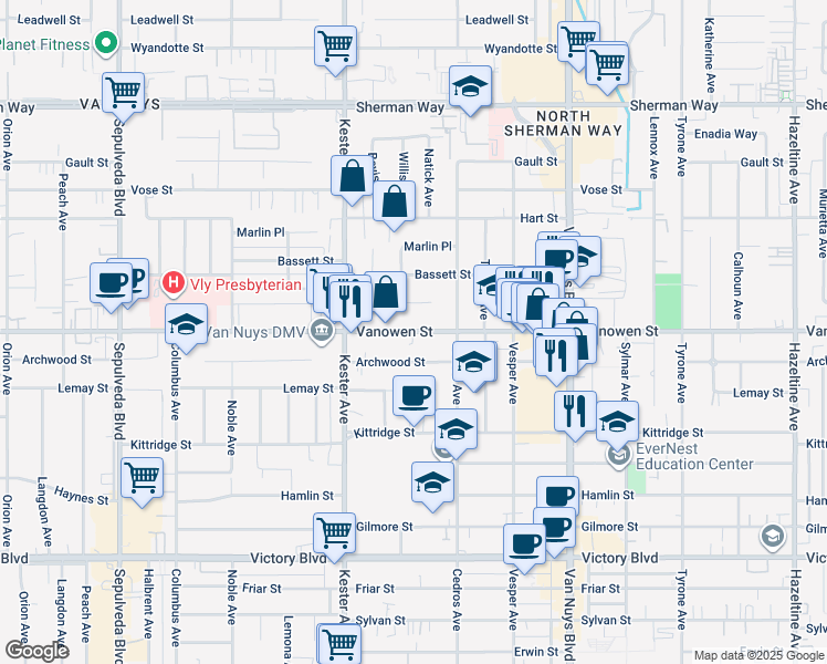 map of restaurants, bars, coffee shops, grocery stores, and more near 14759 Vanowen Street in Los Angeles