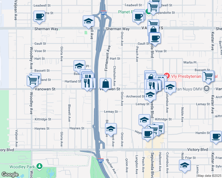 map of restaurants, bars, coffee shops, grocery stores, and more near 6802 Chisholm Avenue in Los Angeles