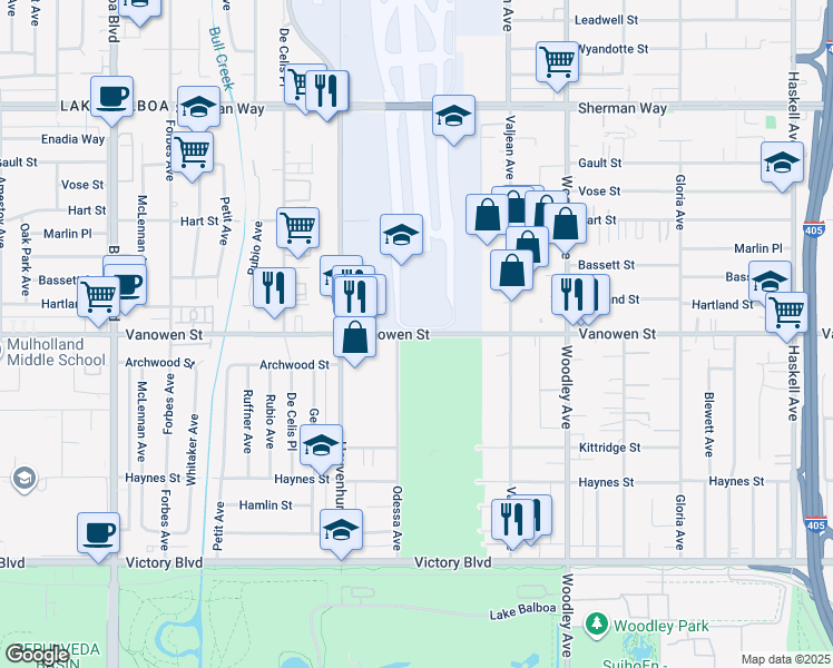 map of restaurants, bars, coffee shops, grocery stores, and more near 16235-16331 Vanowen Street in Los Angeles