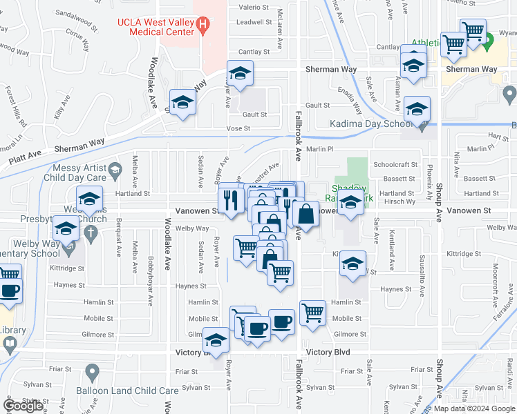 map of restaurants, bars, coffee shops, grocery stores, and more near 22907 Vanowen Street in Los Angeles