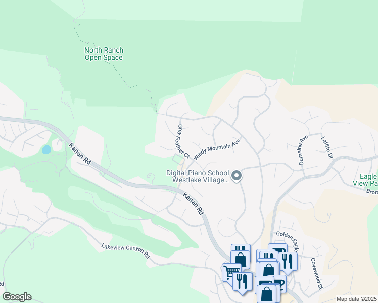 map of restaurants, bars, coffee shops, grocery stores, and more near 5545 Grey Feather Court in Westlake Village