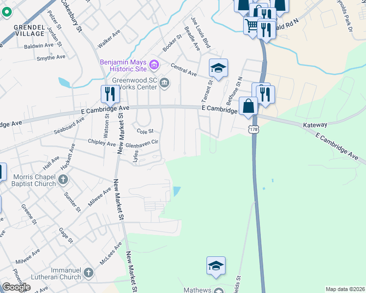 map of restaurants, bars, coffee shops, grocery stores, and more near 137 South University Street in Greenwood