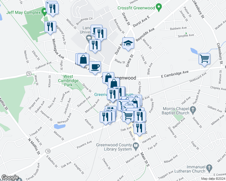 map of restaurants, bars, coffee shops, grocery stores, and more near 223A Hampton Avenue in Greenwood