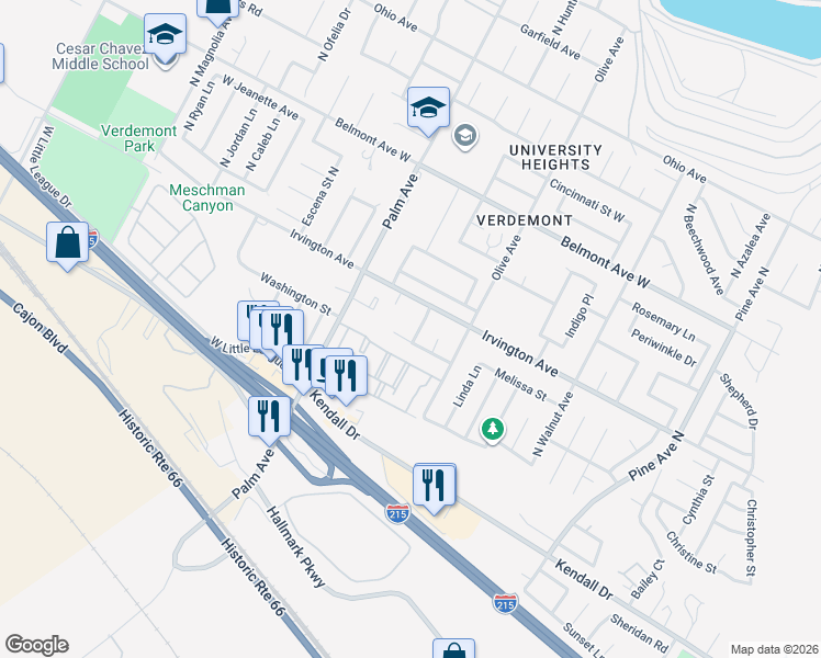 map of restaurants, bars, coffee shops, grocery stores, and more near 6184 Mandy Lane North in San Bernardino