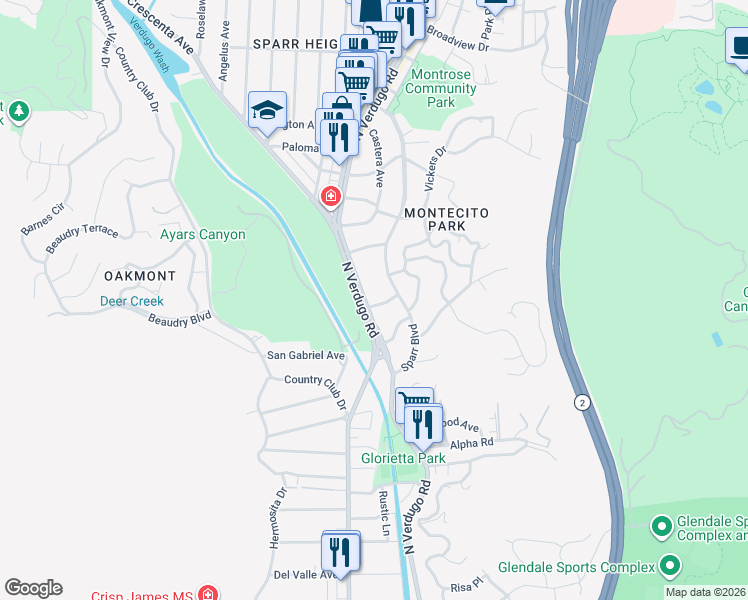 map of restaurants, bars, coffee shops, grocery stores, and more near 1805 Bagdad Place in Glendale