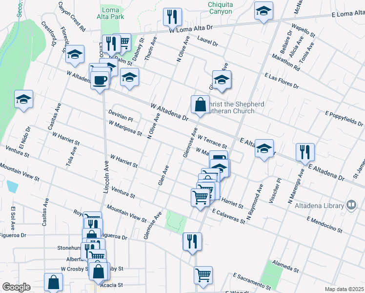 map of restaurants, bars, coffee shops, grocery stores, and more near 193 W Mariposa St in Altadena