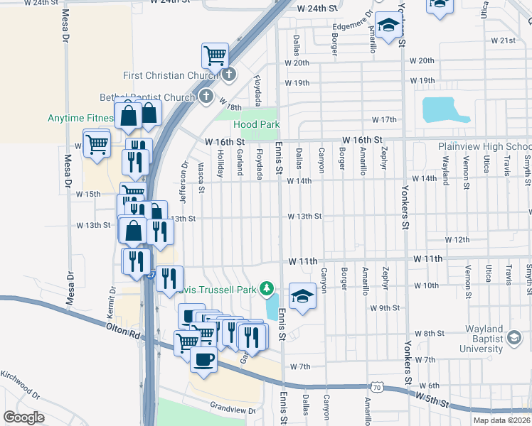 map of restaurants, bars, coffee shops, grocery stores, and more near 1301 Floydada St in Plainview