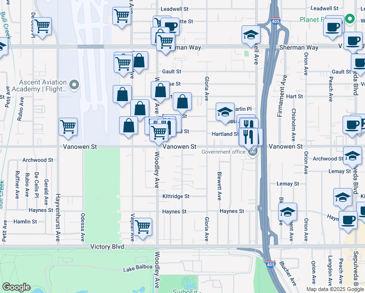 map of restaurants, bars, coffee shops, grocery stores, and more near Vanowen St & Gaviota Ave in Los Angeles
