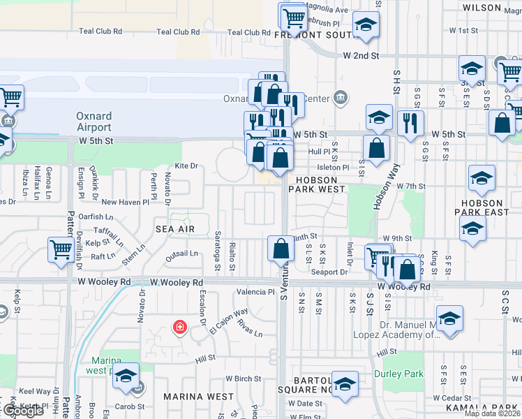 map of restaurants, bars, coffee shops, grocery stores, and more near 803 Noontide Way in Oxnard