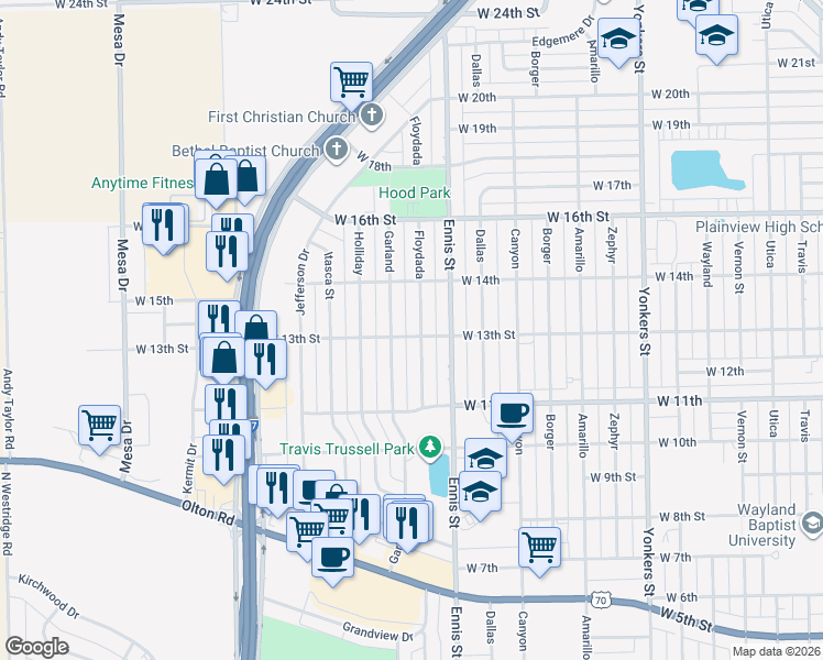 map of restaurants, bars, coffee shops, grocery stores, and more near 1301 Floydada St in Plainview