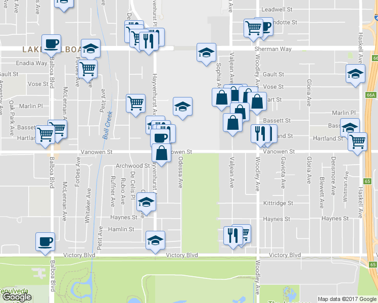 map of restaurants, bars, coffee shops, grocery stores, and more near 16331 Vanowen Street in Los Angeles
