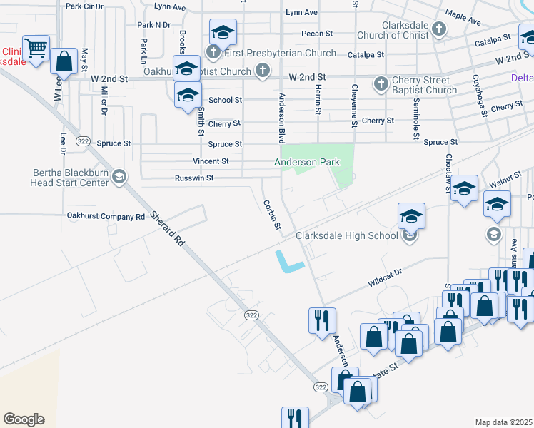 map of restaurants, bars, coffee shops, grocery stores, and more near 439 Corbin Street in Clarksdale