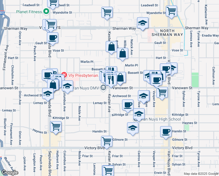 map of restaurants, bars, coffee shops, grocery stores, and more near Vanowen St & Kester Ave in Los Angeles