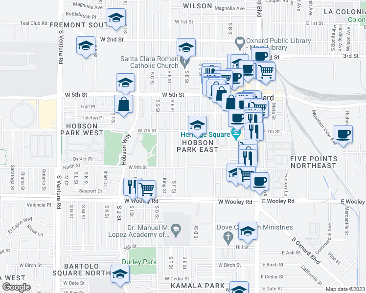 map of restaurants, bars, coffee shops, grocery stores, and more near 761 South E Street in Oxnard