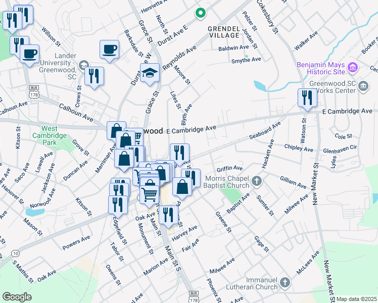 map of restaurants, bars, coffee shops, grocery stores, and more near 145 Pressley Street in Greenwood
