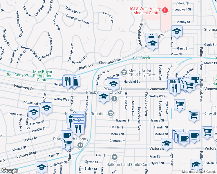 map of restaurants, bars, coffee shops, grocery stores, and more near 23376 Hartland Street in Los Angeles