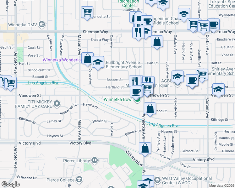 map of restaurants, bars, coffee shops, grocery stores, and more near 20251 Vanowen Street in Los Angeles