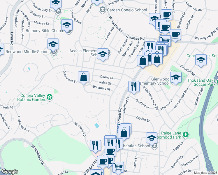 map of restaurants, bars, coffee shops, grocery stores, and more near 21 Westbury Street in Thousand Oaks